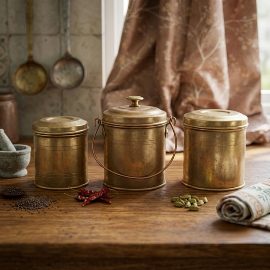 Antique Brass Storage Dabba Set of 3 | Traditional Kitchen Canisters | Made in 1978