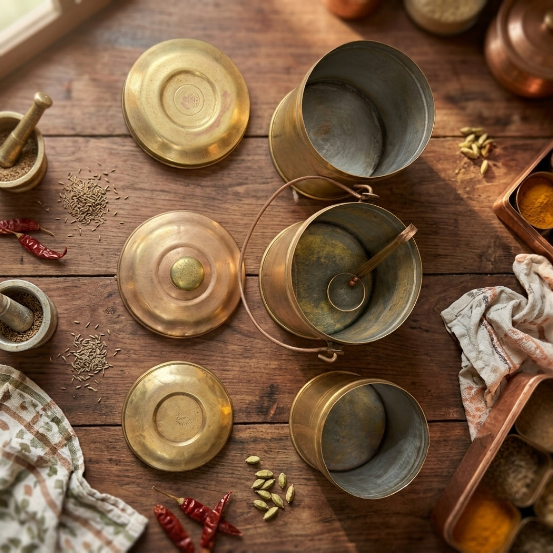 Antique Brass Storage Dabba Set of 3 | Traditional Kitchen Canisters | Made in 1978
