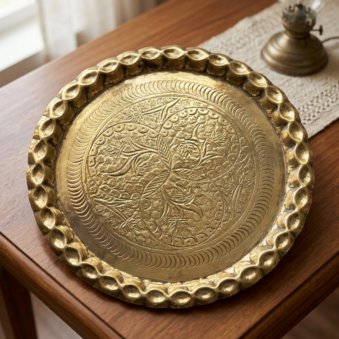 Antique Brass Handcrafted Engraved Decorative Plate | Made in 1975