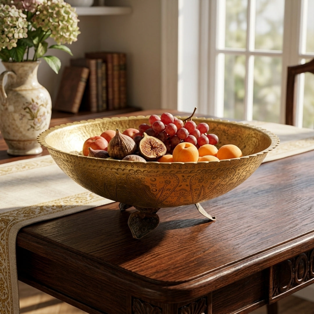 Antique Brass Handcrafted Pedestal Bowl | Made in 1970 - Bombay Antiques