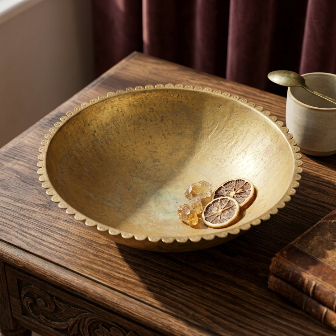Antique Brass Handcrafted Pedestal Bowl | Made in 1970 - Bombay Antiques