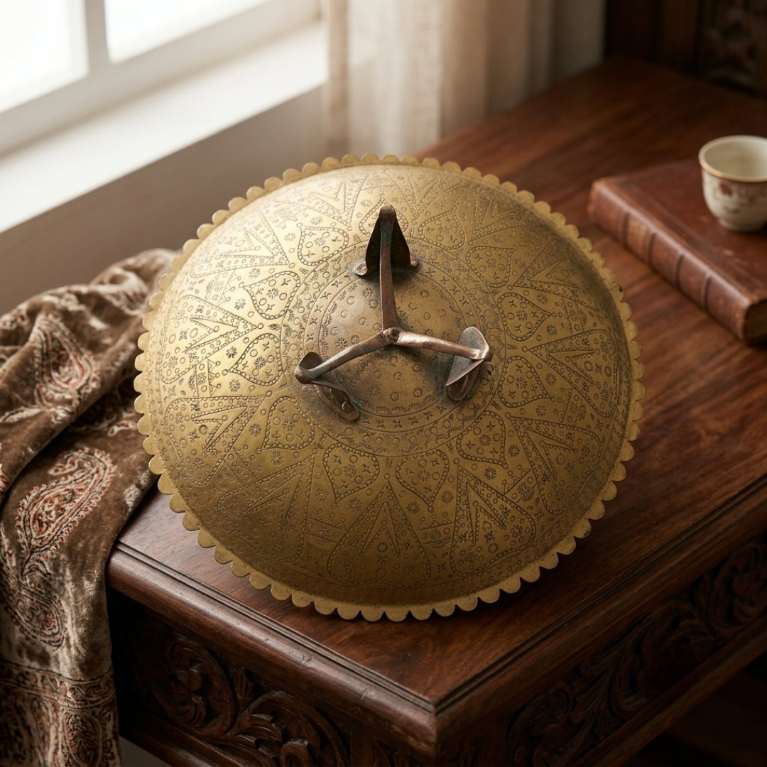 Antique Brass Handcrafted Pedestal Bowl | Made in 1970 - Bombay Antiques