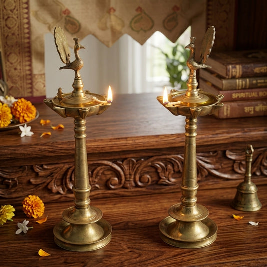 Antique Brass Peacock Samai Diya Pair | Made in 1979 - Bombay Antiques