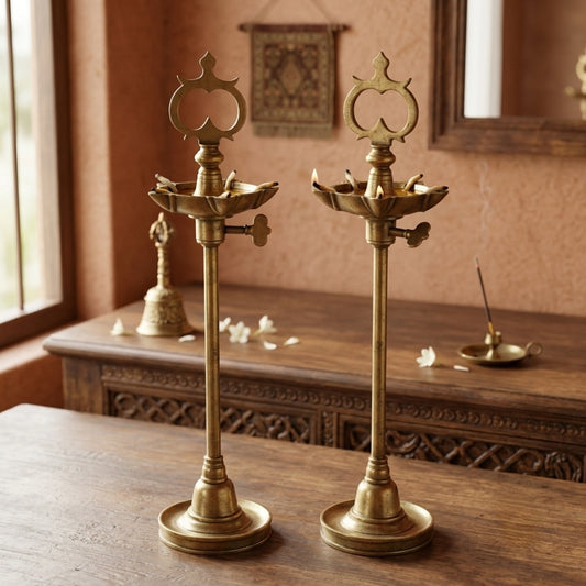 Antique Brass Samay Pair With Adjustable Oil Bowl | Made in 1970 - Bombay Antiques