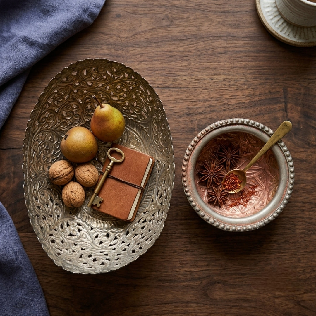 Antique Brass Silver-Coated Footed Bowls Set | Traditional Decorative Serving Trays | Made in 1965