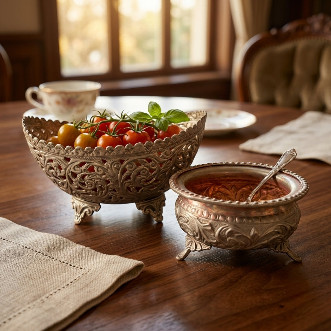 Antique Brass Silver-Coated Footed Bowls Set | Traditional Decorative Serving Trays | Made in 1965