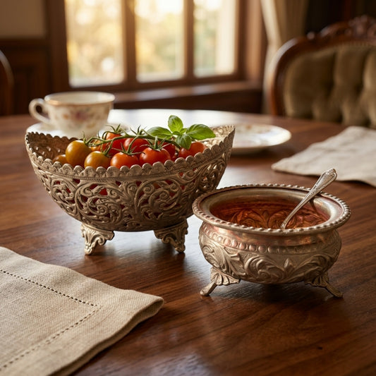 Antique Brass Silver-Coated Footed Bowls Set | Traditional Decorative Serving Trays | Made in 1965
