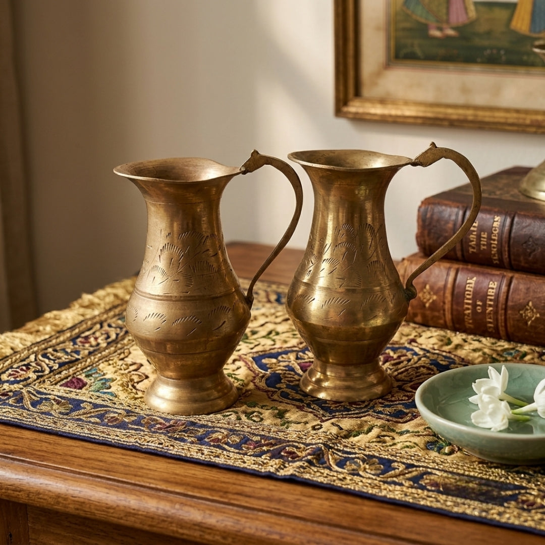 Antique Brass Engraved Miniature Jug Vases Pair | Antique Decorative Pitchers | Made in 1985