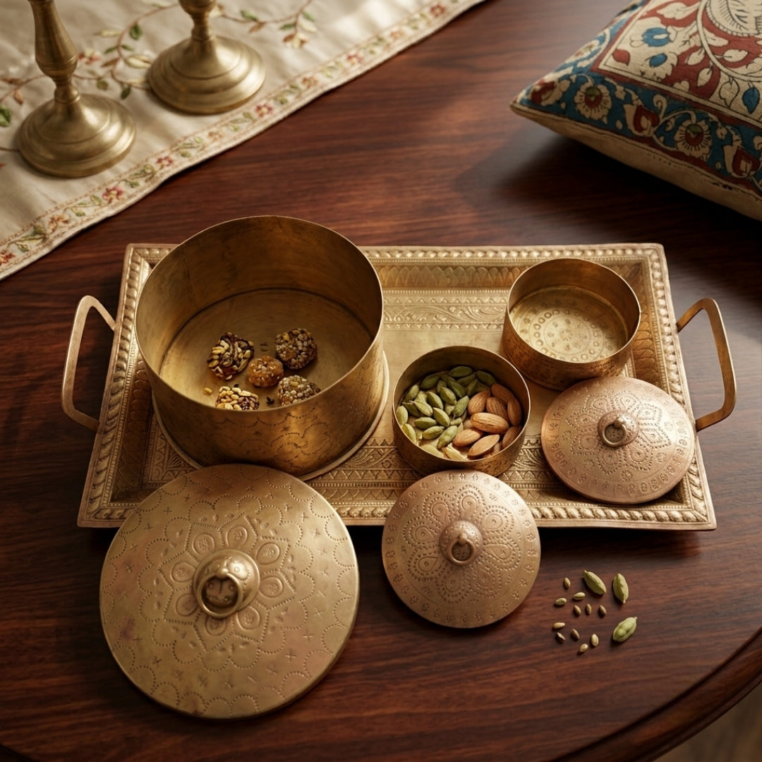 Antique Brass Engraved Serving Set with Lidded Bowls & Tray | Traditional Tableware | Made in 1960