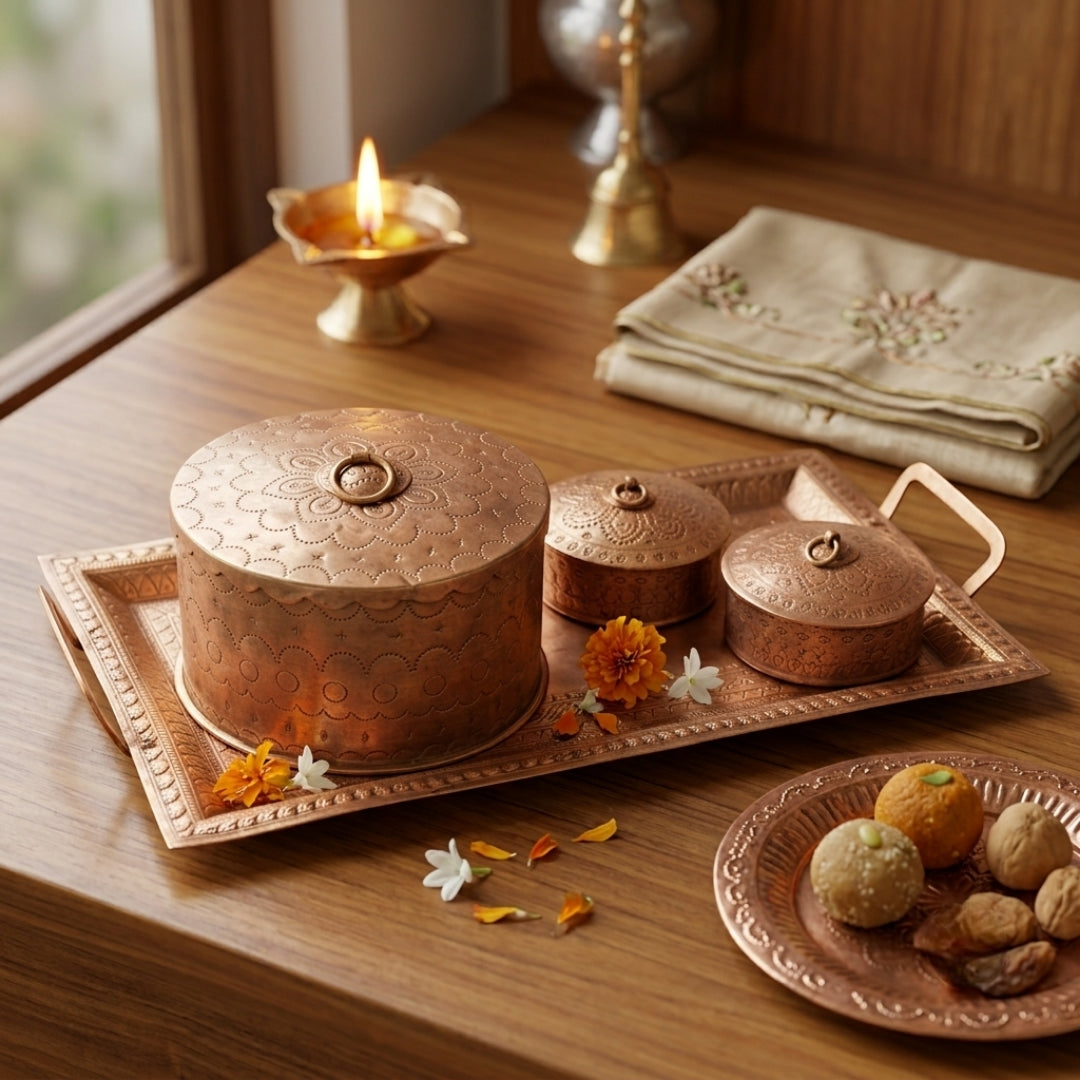 Antique Brass Engraved Serving Set with Lidded Bowls & Tray | Traditional Tableware | Made in 1960