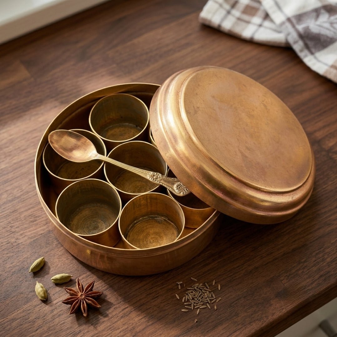Antique Brass Masala Box with Inner Containers | Traditional Spice Dabba | Made in 1970