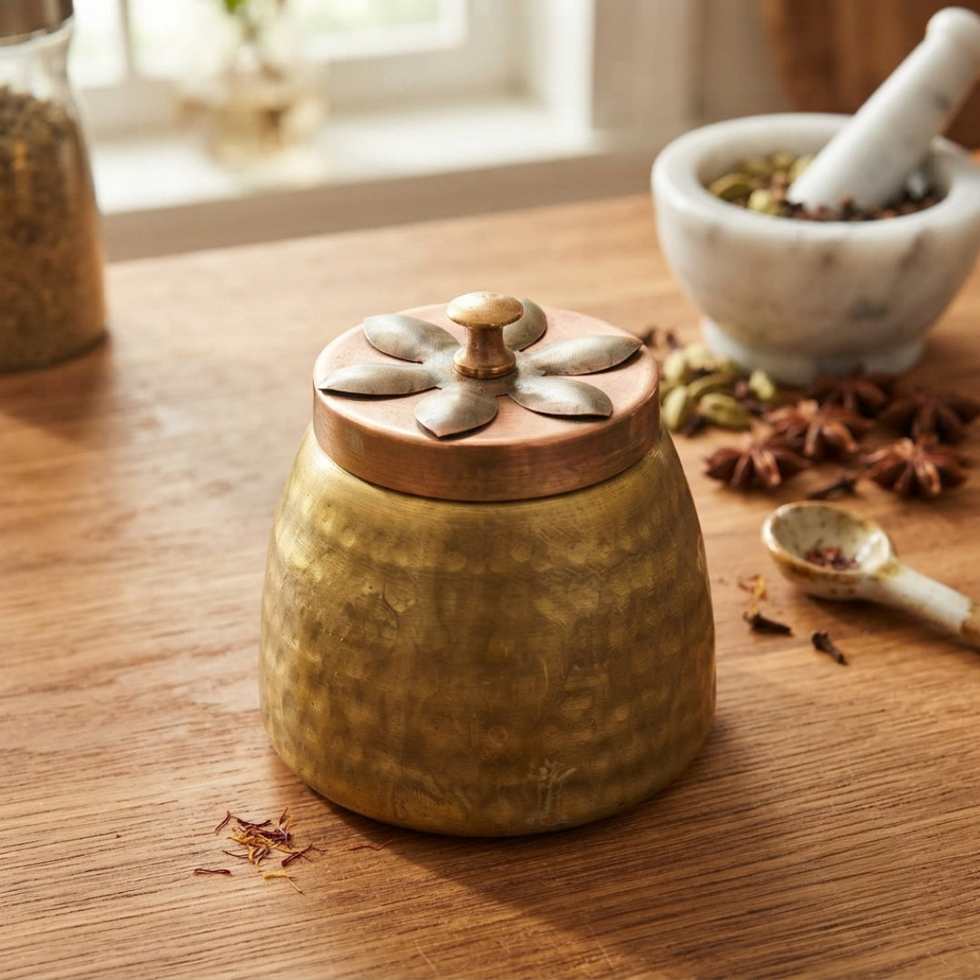 Antique Brass Storage Box with Floral Lid | Traditional Small Container | Made in 1977