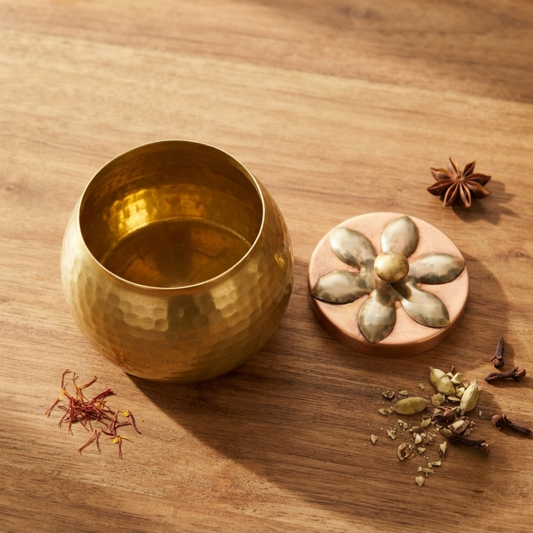 Antique Brass Storage Box with Floral Lid | Traditional Small Container | Made in 1977