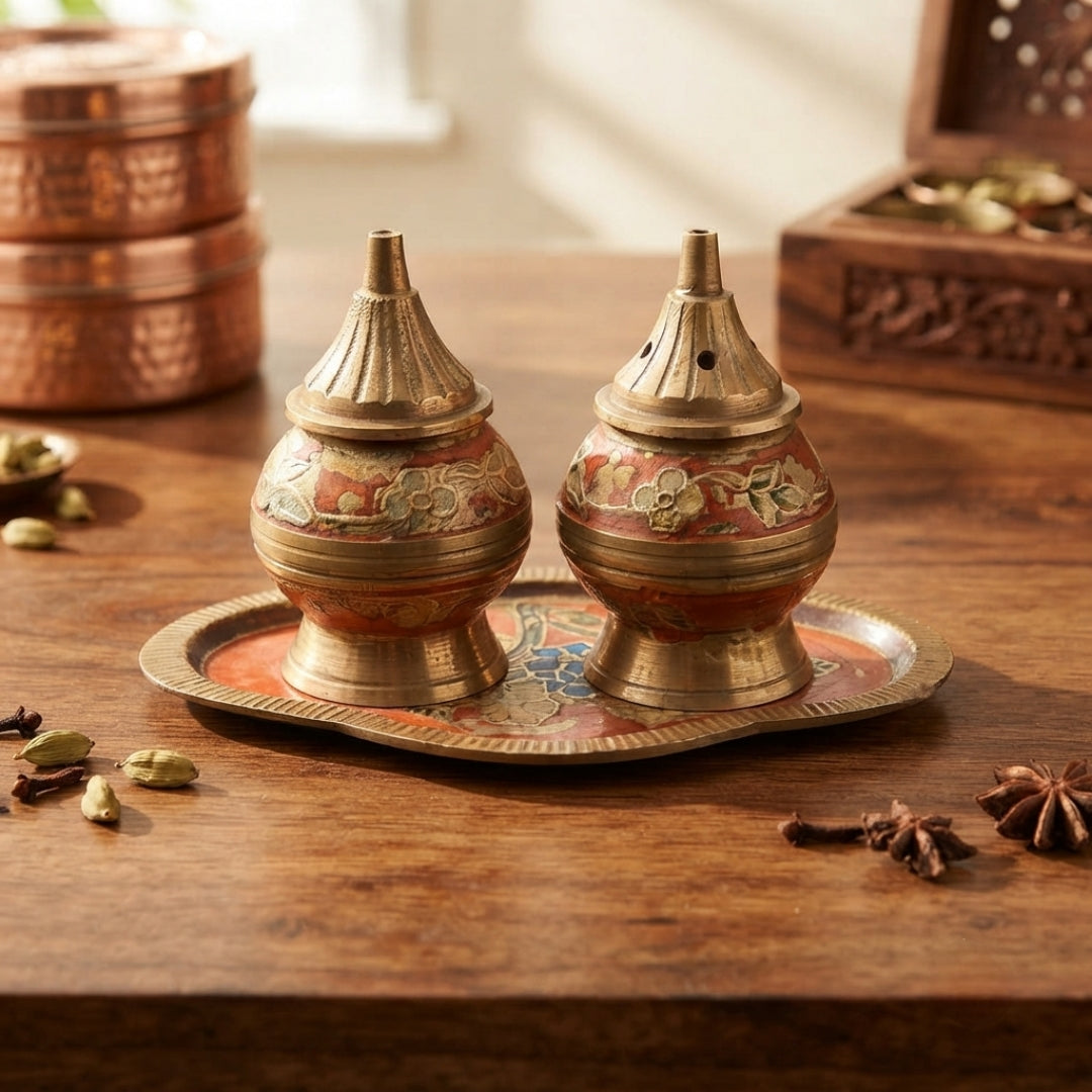 Antique Brass Engraved Salt and Pepper Shaker Set with Tray | Traditional Tableware | Made in 1969