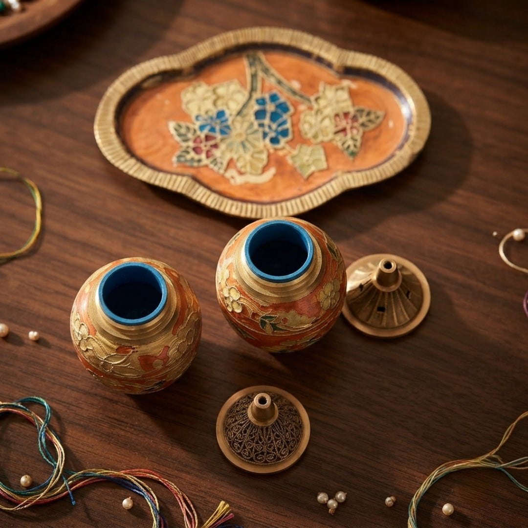 Antique Brass Engraved Salt and Pepper Shaker Set with Tray | Traditional Tableware | Made in 1969