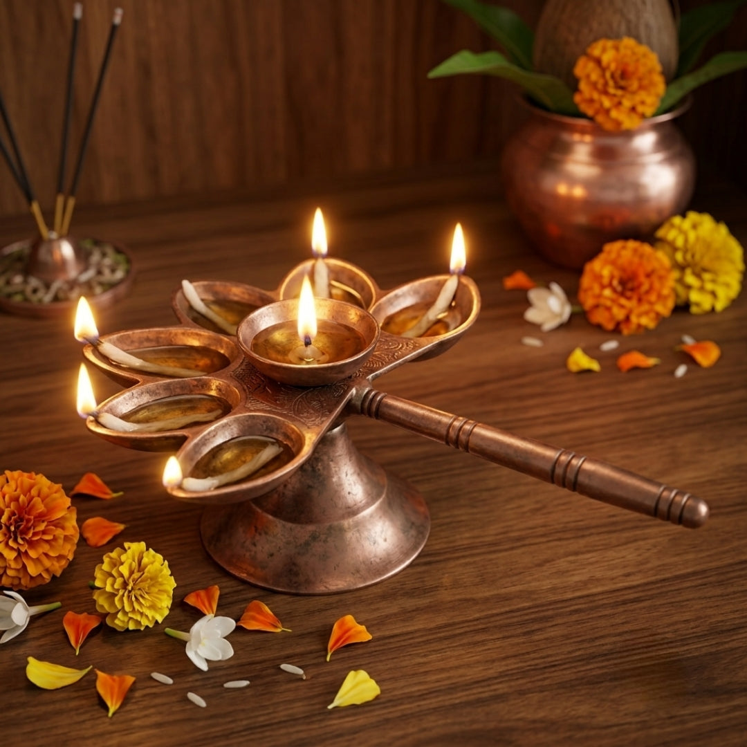 Antique Brass Handheld Multi Wick Diya Lamp | Traditional Oil Lamp with Handle | Made in 1979
