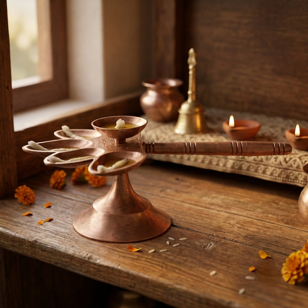 Antique Brass Handheld Multi Wick Diya Lamp | Traditional Oil Lamp with Handle | Made in 1979