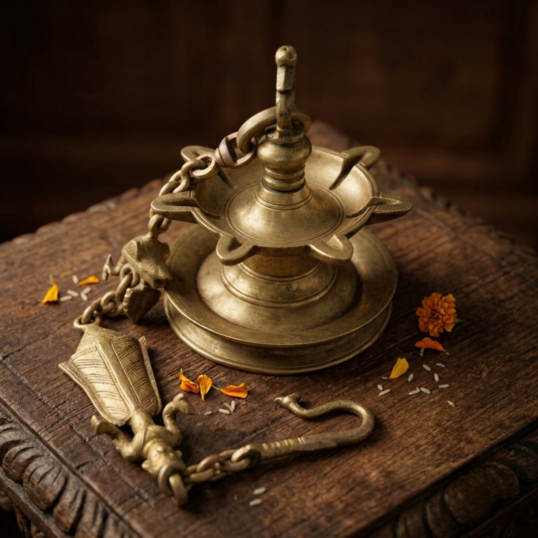 Antique Brass Hanging Samay Lamp | Traditional Hanging Oil Lamp with Chain | Made in 1960