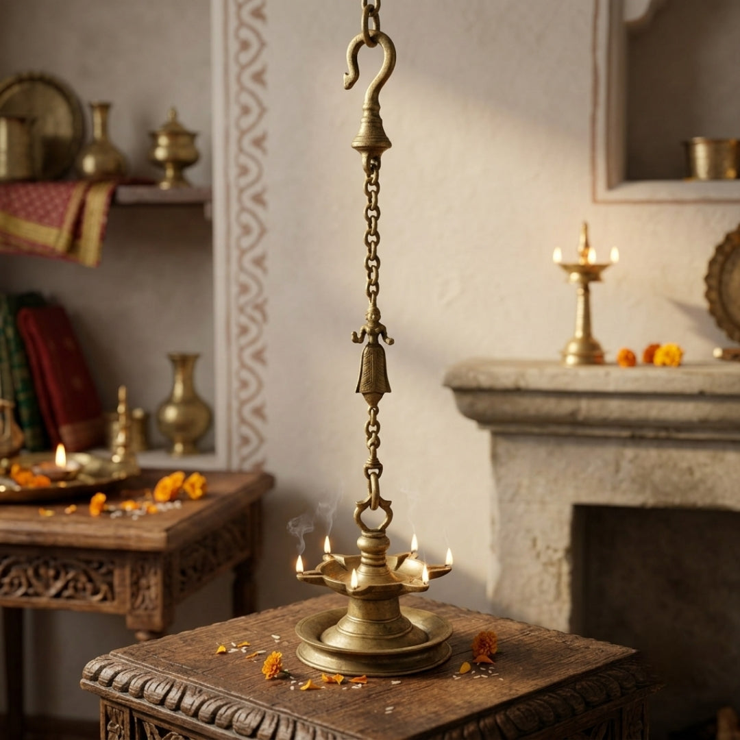 Antique Brass Hanging Samay Lamp | Traditional Hanging Oil Lamp with Chain | Made in 1960