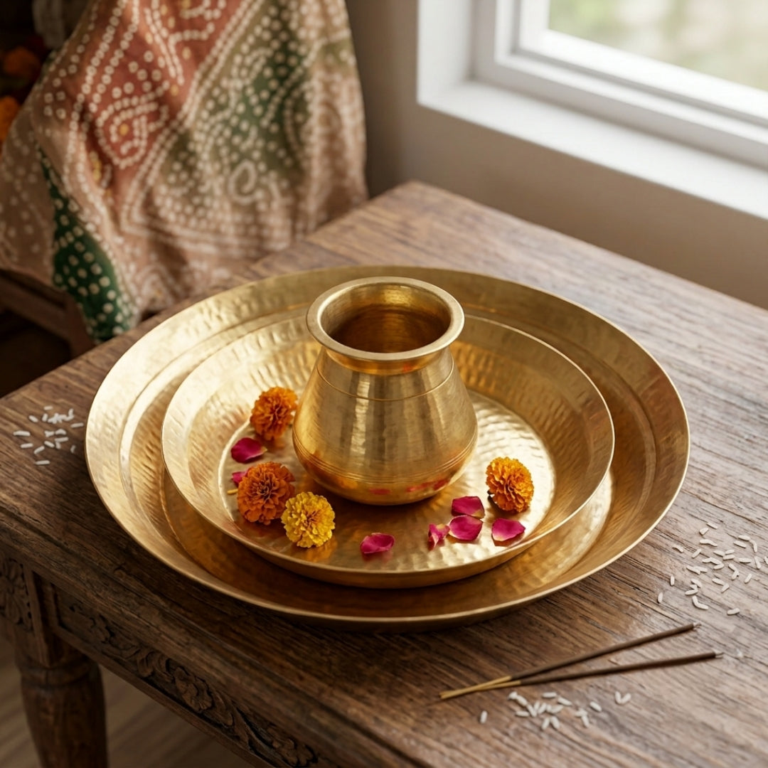 Antique Brass Nesting Paraat Platter Set with Kalash | Traditional Kitchenware | Made in 1978