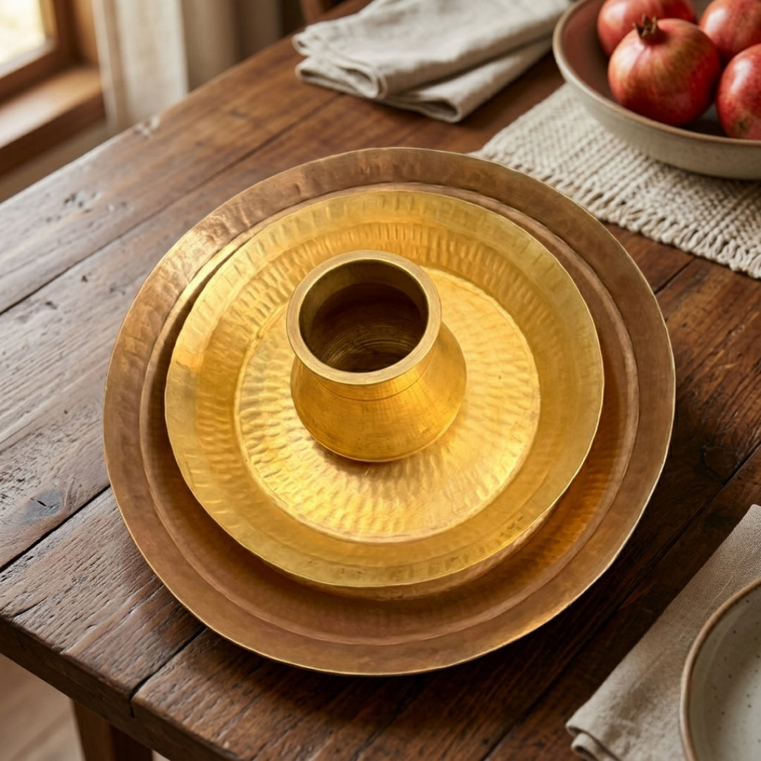 Antique Brass Nesting Paraat Platter Set with Kalash | Traditional Kitchenware | Made in 1978