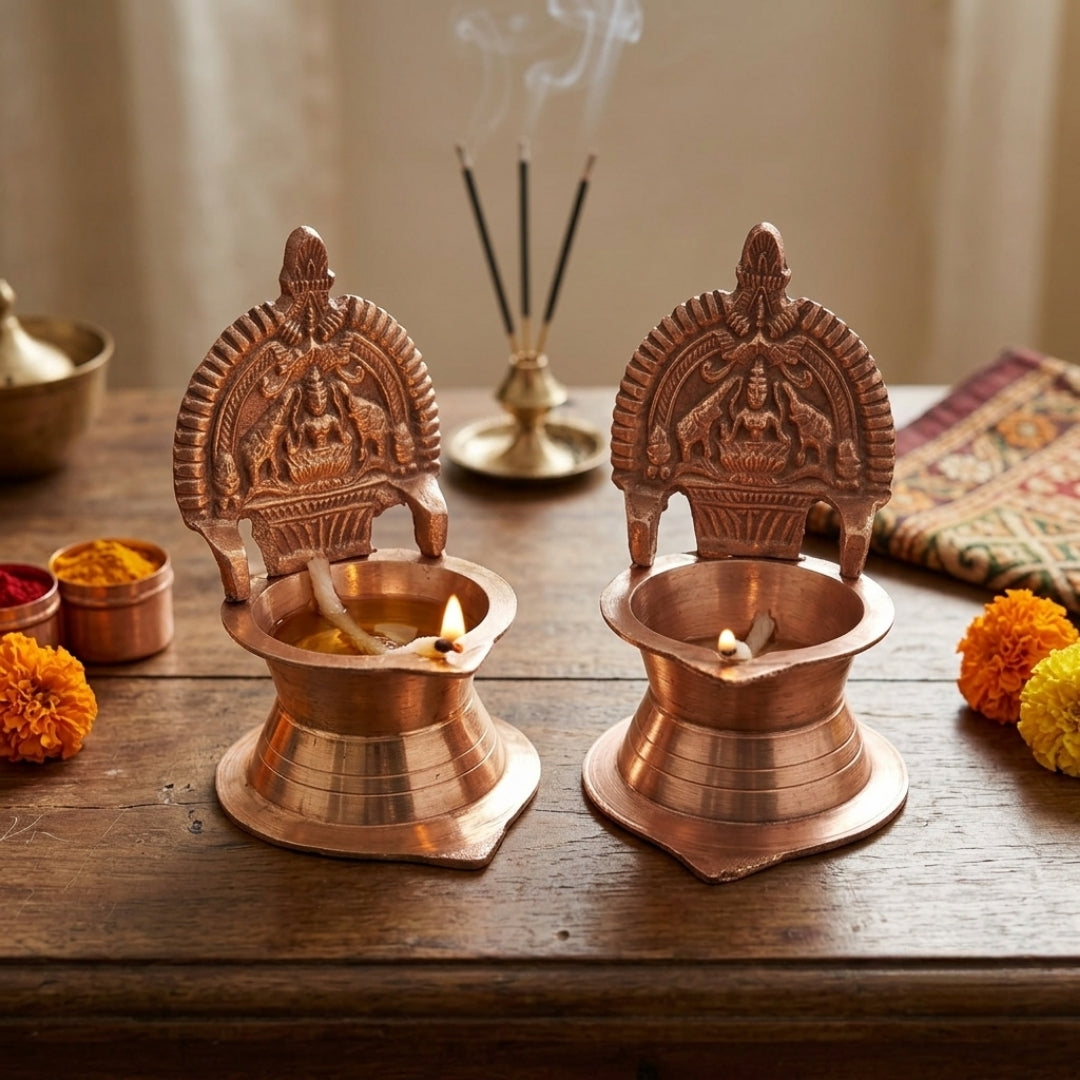 Antique Brass Engraved Diya Pair | Traditional Oil Lamps | Made in 1976