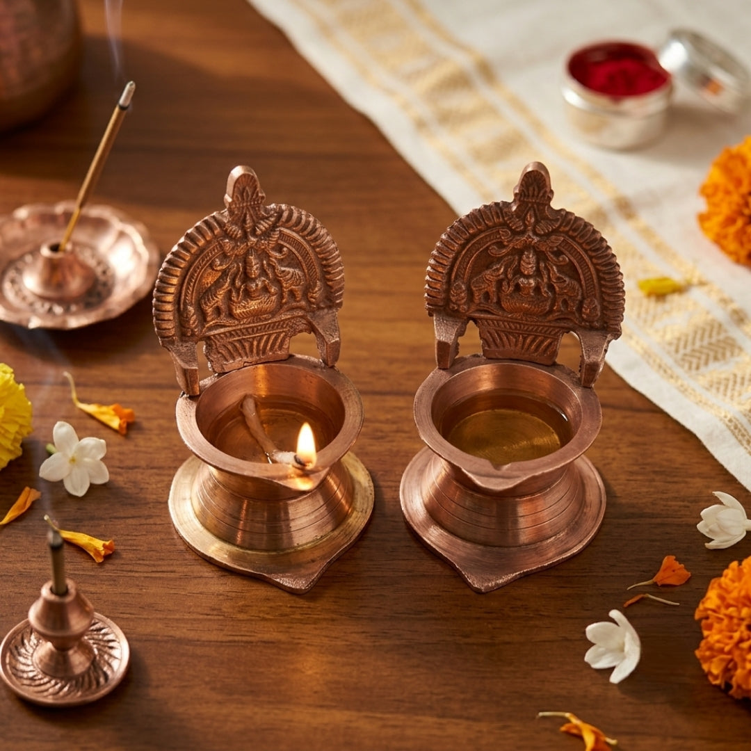 Antique Brass Engraved Diya Pair | Traditional Oil Lamps | Made in 1976