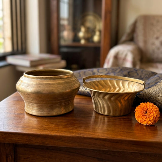 Antique Brass Planter Vessels Pair | Traditional Handcrafted Brass Pot & Fluted Basket Set | Made in 1980
