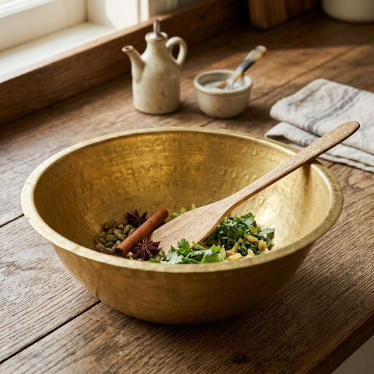 Antique Brass Large Hand-Hammered Serving Bowl with Engraved Ladle | Traditional Urli Vessel | Made in 1970