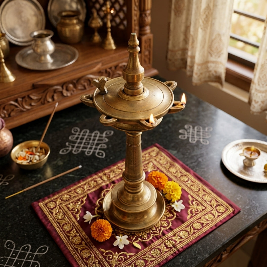 Antique Brass Samai Oil Lamp | Traditional Standing Diya | Made in 1971