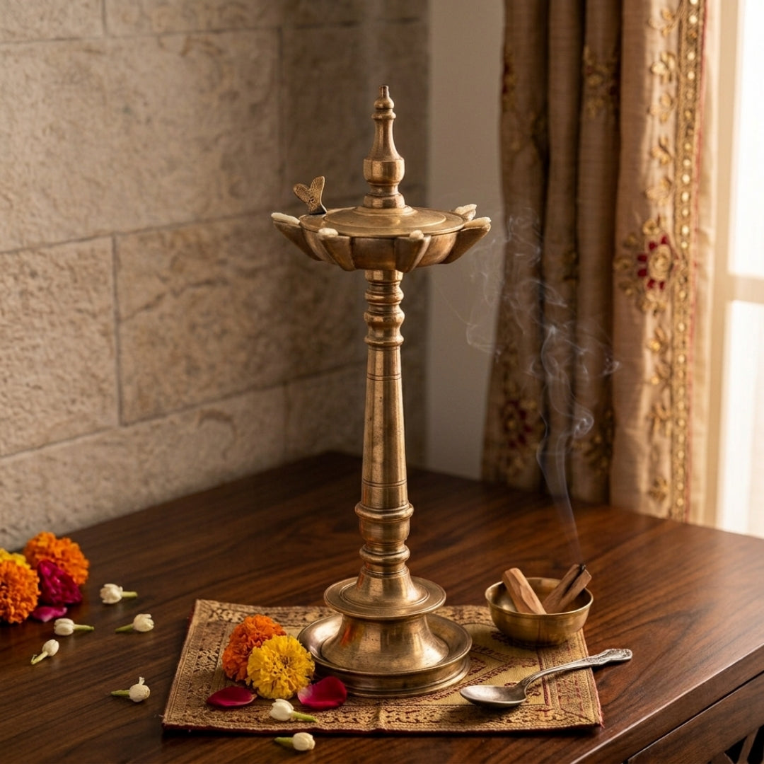 Antique Brass Samai Oil Lamp | Traditional Standing Diya | Made in 1971