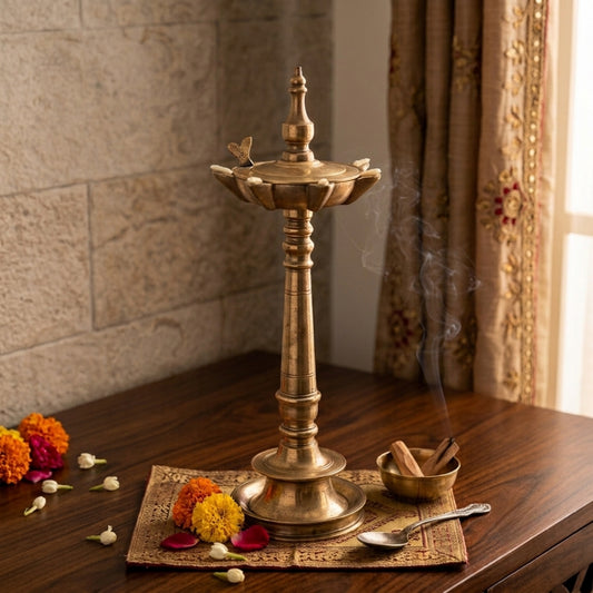 Antique Brass Samai Oil Lamp | Traditional Standing Diya | Made in 1971