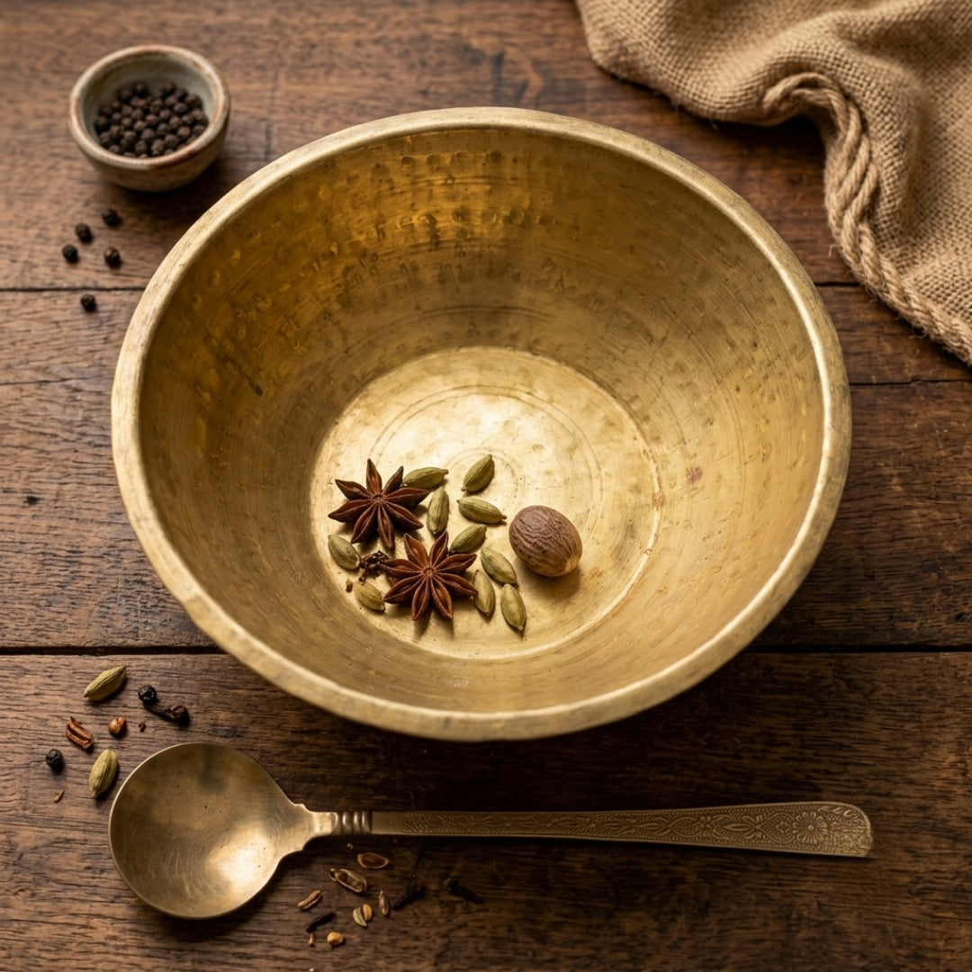 Antique Brass Large Hand-Hammered Serving Bowl with Engraved Ladle | Traditional Urli Vessel | Made in 1970