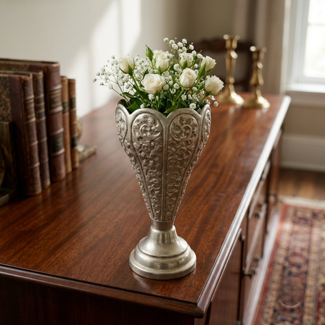 Antique Brass Silver-Coated Engraved Tulip Vase | Traditional Pedestal Flower Urn | Made in 1965