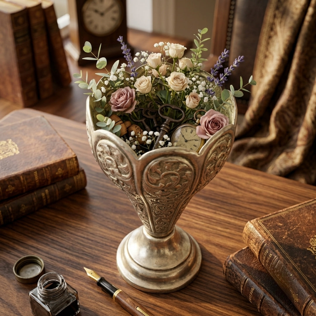 Antique Brass Silver-Coated Engraved Tulip Vase | Traditional Pedestal Flower Urn | Made in 1965