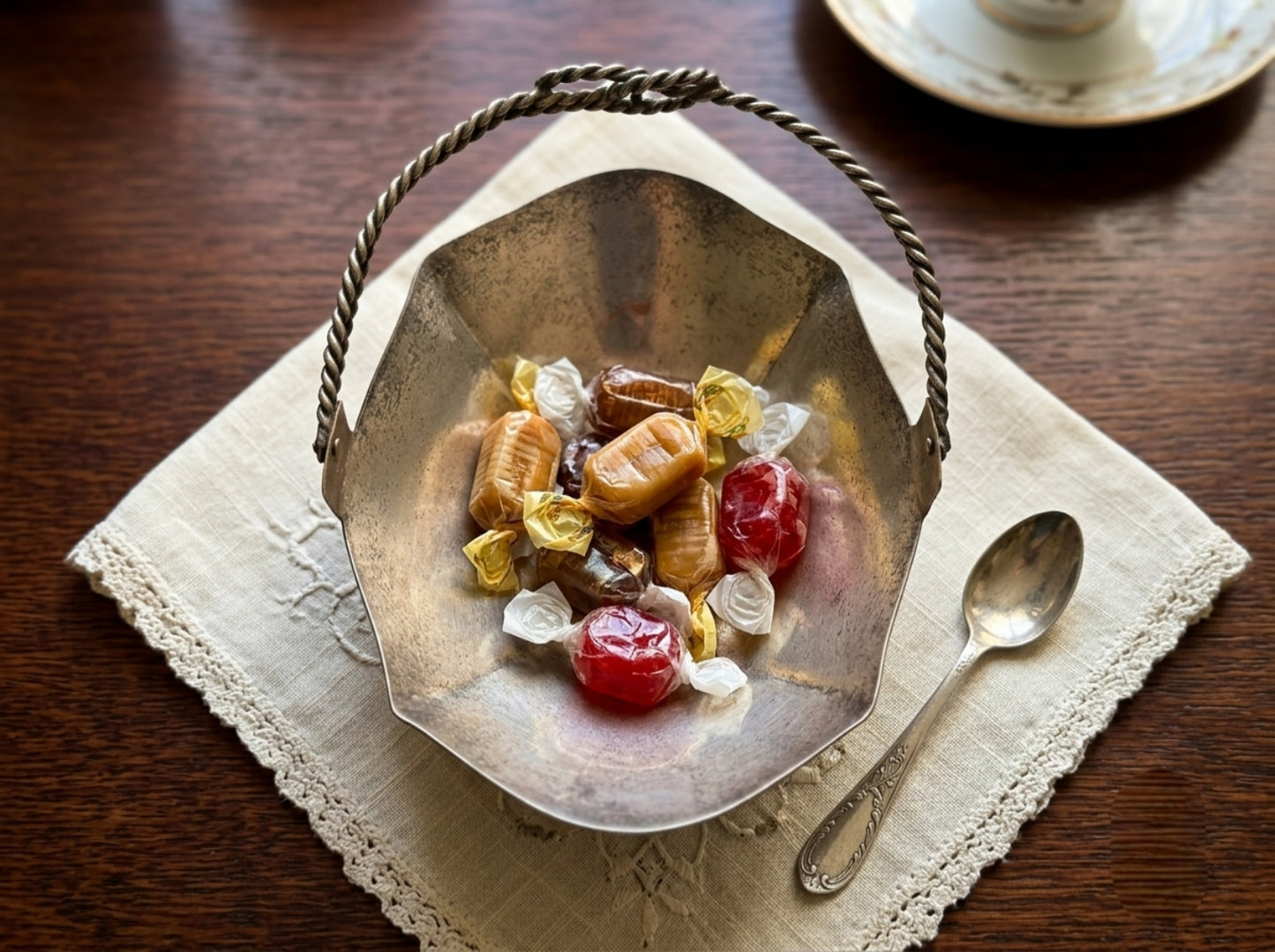 Antique Brass Silver-Coated Handle Basket Tray | Traditional Pedestal Serving Bowl | Made in 1966