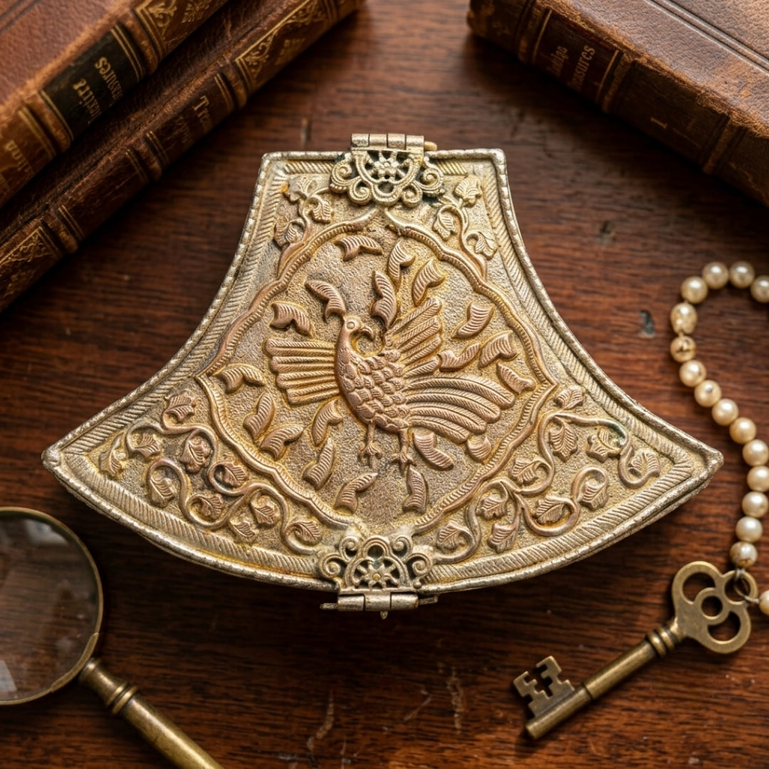 Antique Brass Silver-Coated Engraved Peacock Jewelry Box | Traditional Keepsake Casket | Made in 1961