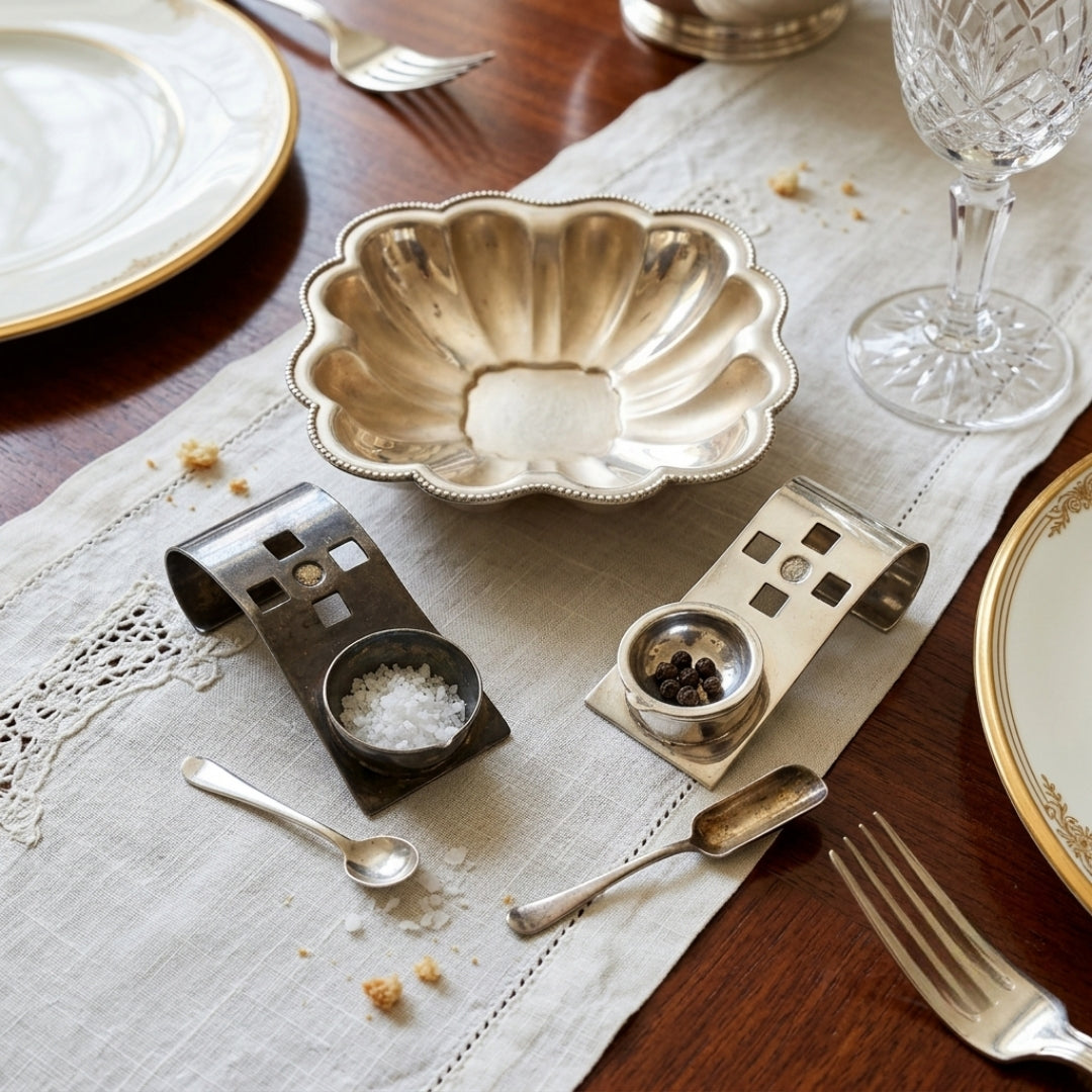 Antique Brass Silver-Coated Dish with Arched Salt & Spice Cellar Pair | Traditional Tableware | Made in 1970