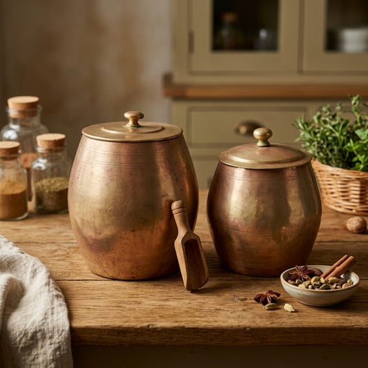 Antique Brass Water Pot Pair with Lids | Traditional Handcrafted Storage Jars | Made in 1970