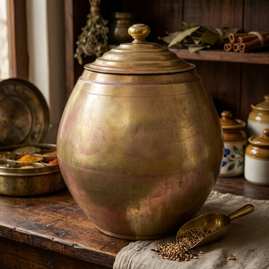 Antique Brass Large Storage Pot Matka with Lid | Traditional Handcrafted Grain Jar | Made in 1979