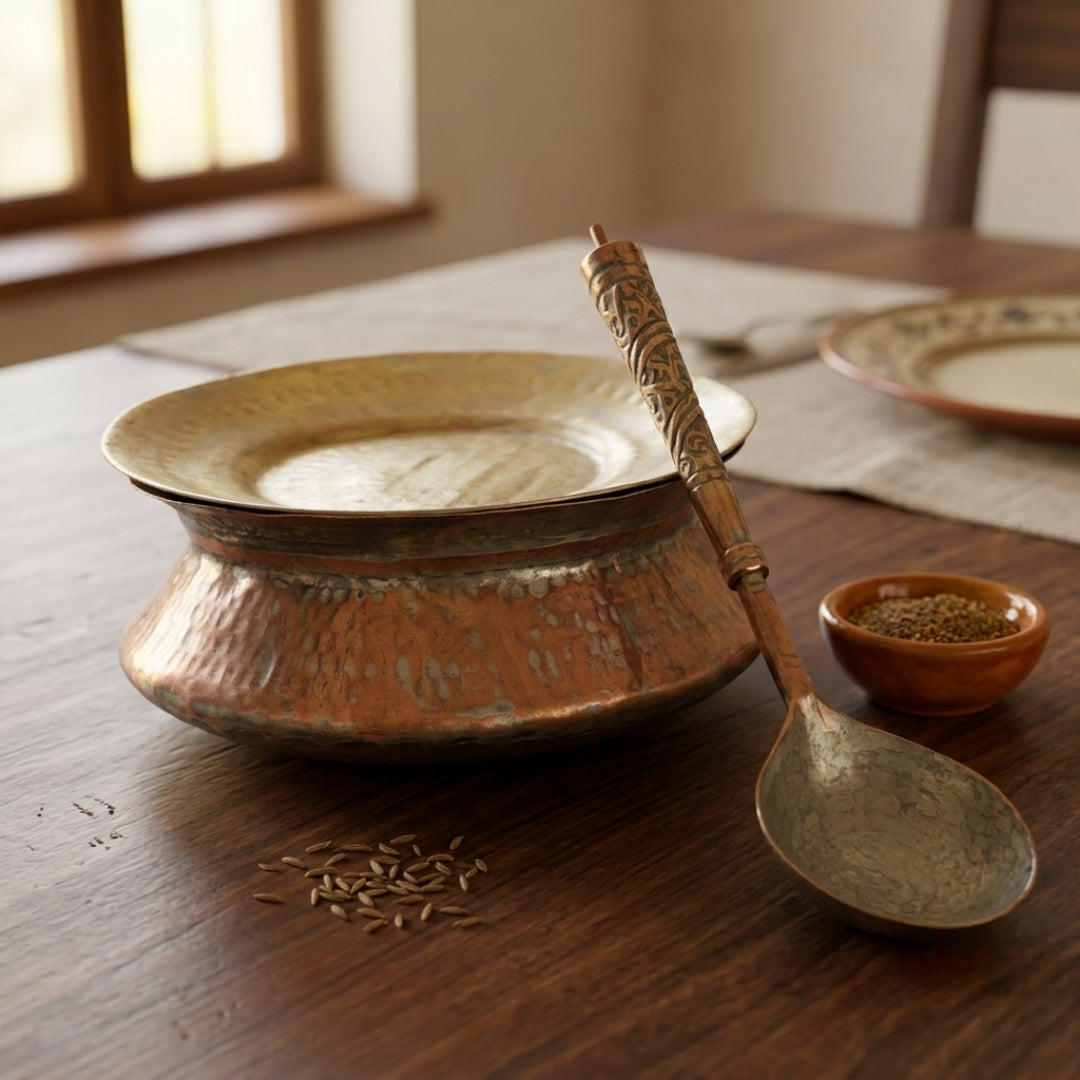 Antique Copper Deg Cookware with Brass Lid | Traditional Hand-Hammered Handi Serving Vessel