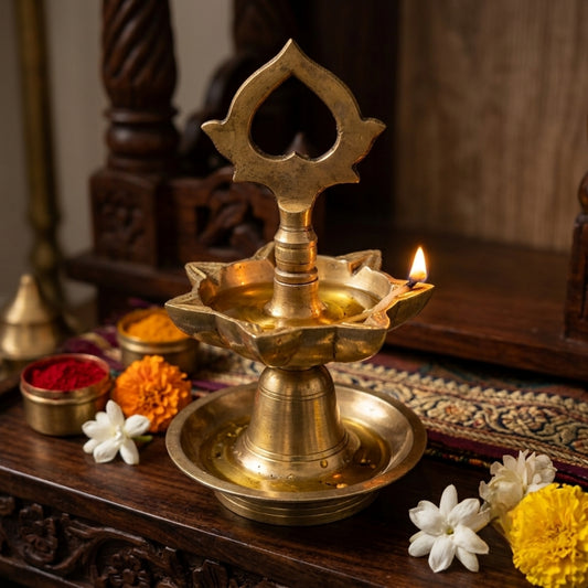 Antique Brass Samai Oil Lamp | Traditional Handle Diya | Made in 1980