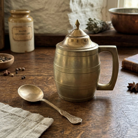Antique Brass Coffee Mug with Lid & Spoon | Traditional Tankard Set | Made in 1974