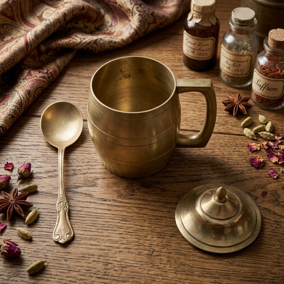 Antique Brass Coffee Mug with Lid & Spoon | Traditional Tankard Set | Made in 1974