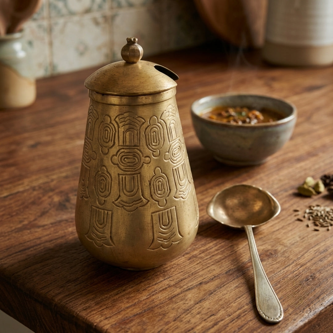 Antique Brass Engraved Ghee Pot with Lid & Ladle | Traditional Serving Jar | Made in 1976