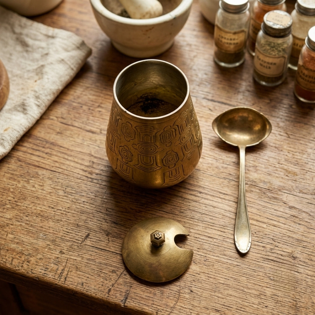 Antique Brass Engraved Ghee Pot with Lid & Ladle | Traditional Serving Jar | Made in 1976