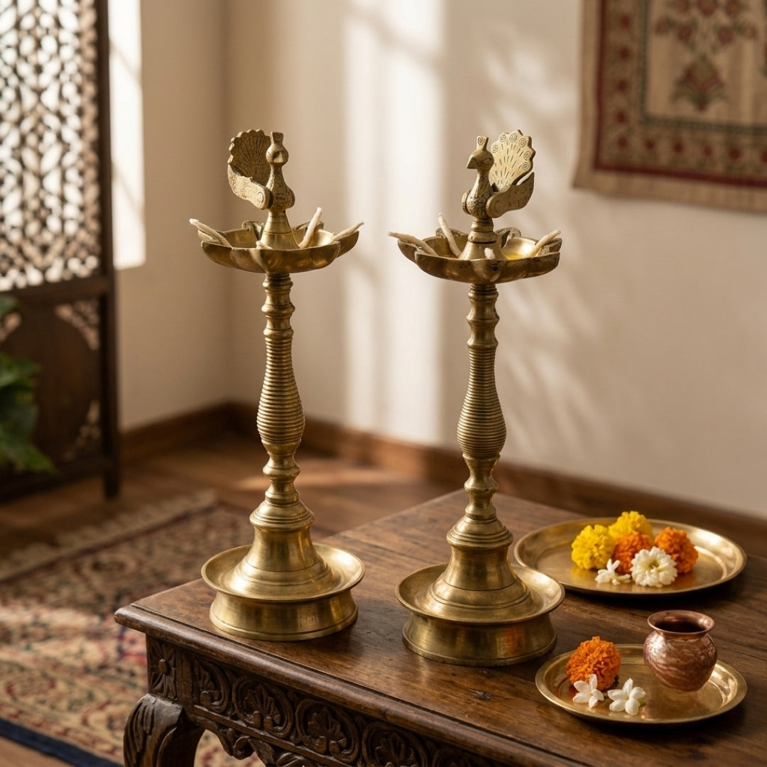 Antique Brass Peacock Samai Oil Lamp Pair | Traditional Handcrafted Ritual Diya | Made in 1977