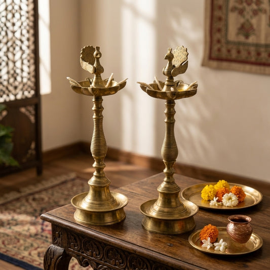 Antique Brass Peacock Samai Oil Lamp Pair | Traditional Handcrafted Ritual Diya | Made in 1977