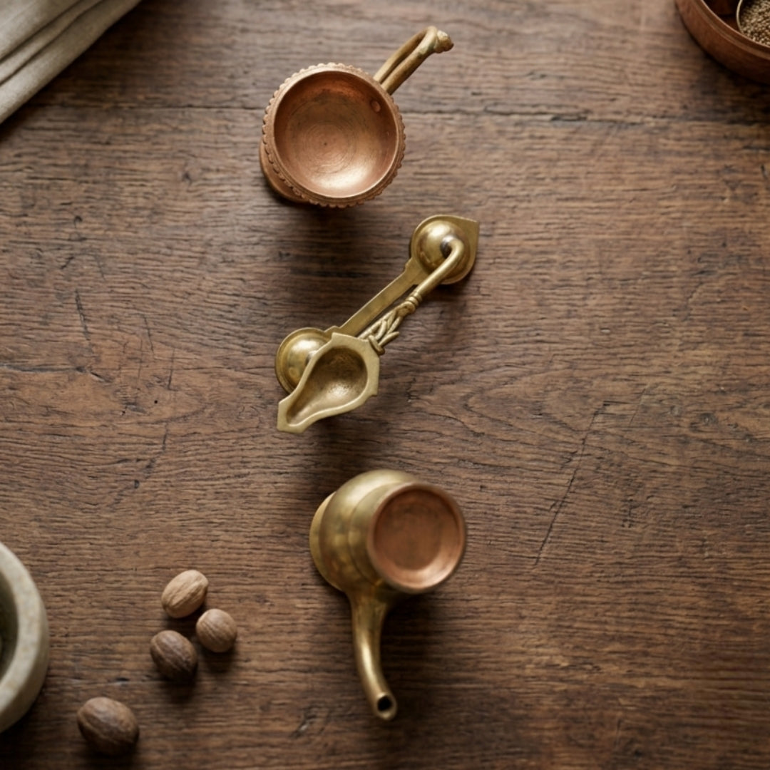 Antique Brass & Copper Ritual Diya Set | Traditional Handcrafted Altar Lamps | Made in 1982