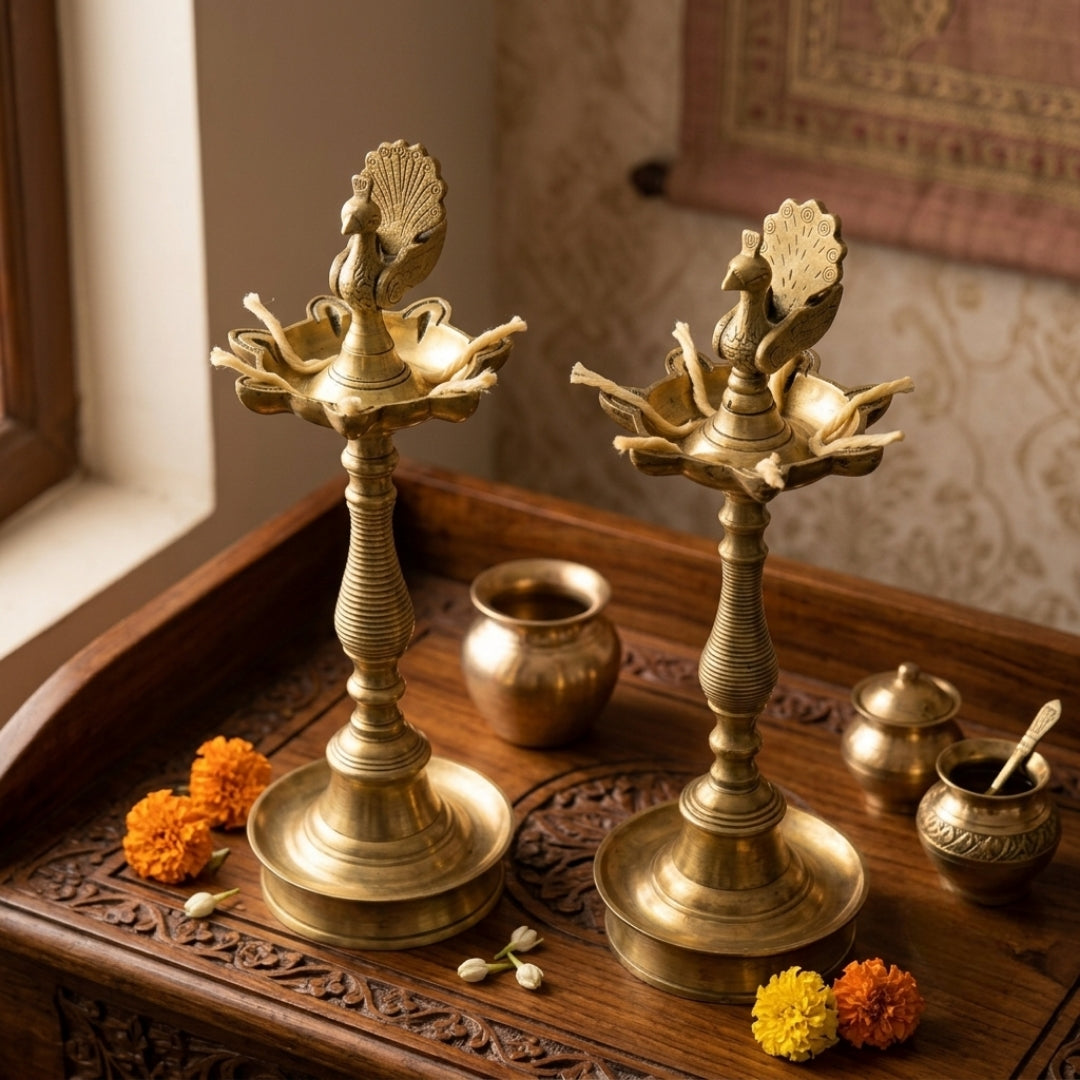 Antique Brass Peacock Samai Oil Lamp Pair | Traditional Handcrafted Ritual Diya | Made in 1977